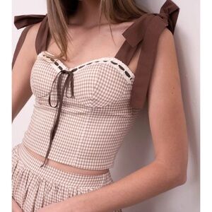 Moon River Brown and Cream Gingham Crop Top